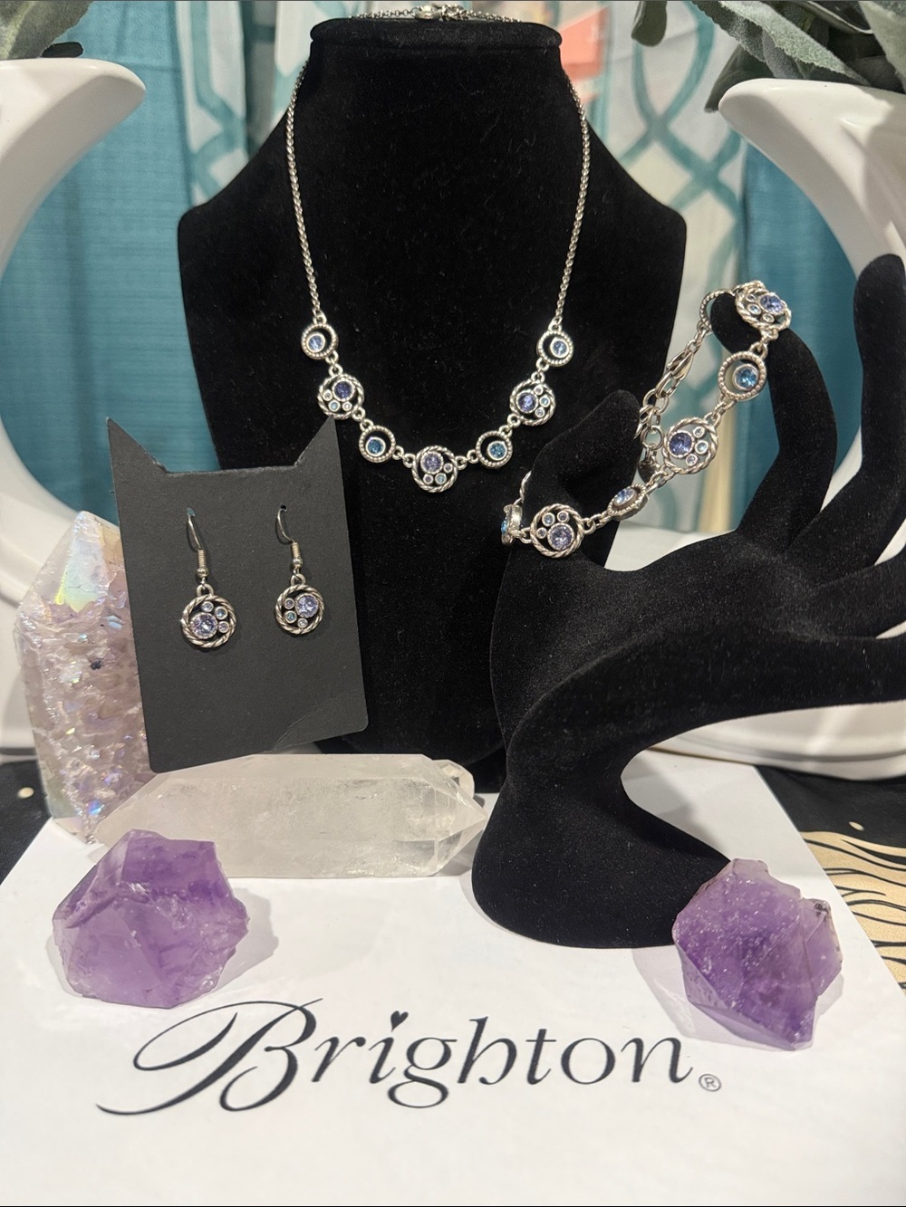 🌝 RARE BRIGHTON HALO CHOKER MATCHING SET 🩵 SILVER TANZANITE SWAROVSKI CRYSTAL